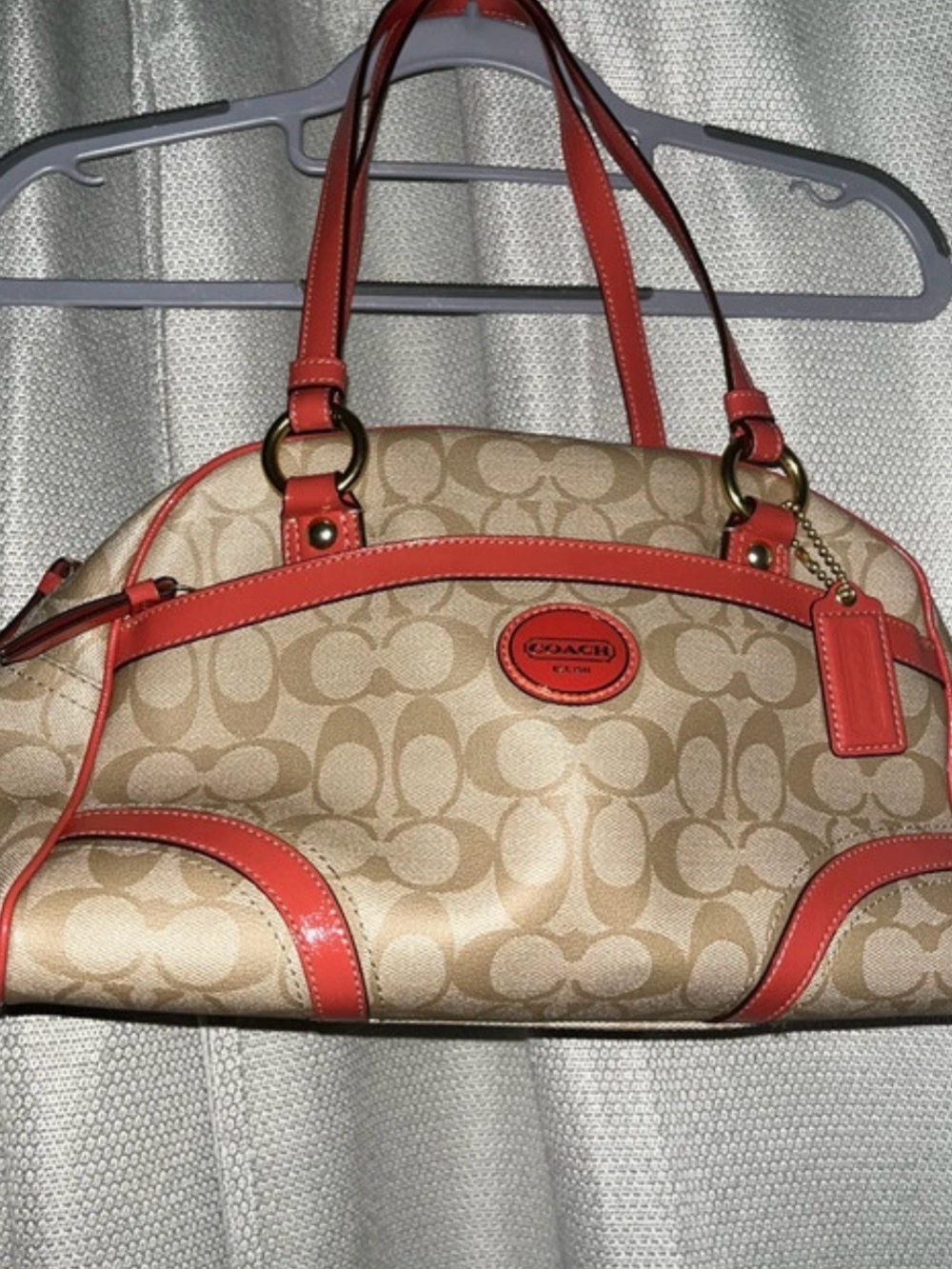 Coach Khaki Canvas Satchel with Coral Leather Trim